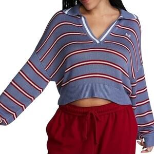 PINK Victoria's Secret Cambridge Knit Polo Sweater Small Blue Red Striped Collar